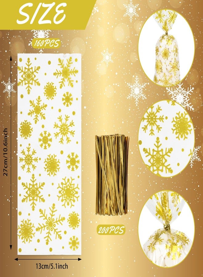 وولاين مجموعة Whaline من 160 كيسًا بلاستيكيًا شفافًا ذهبي اللون لتغليف هدايا حفلات عيد الميلاد، بتصميم ندفة الثلج، مثالية لتغليف الحلويات والبسكويت. - Image 2